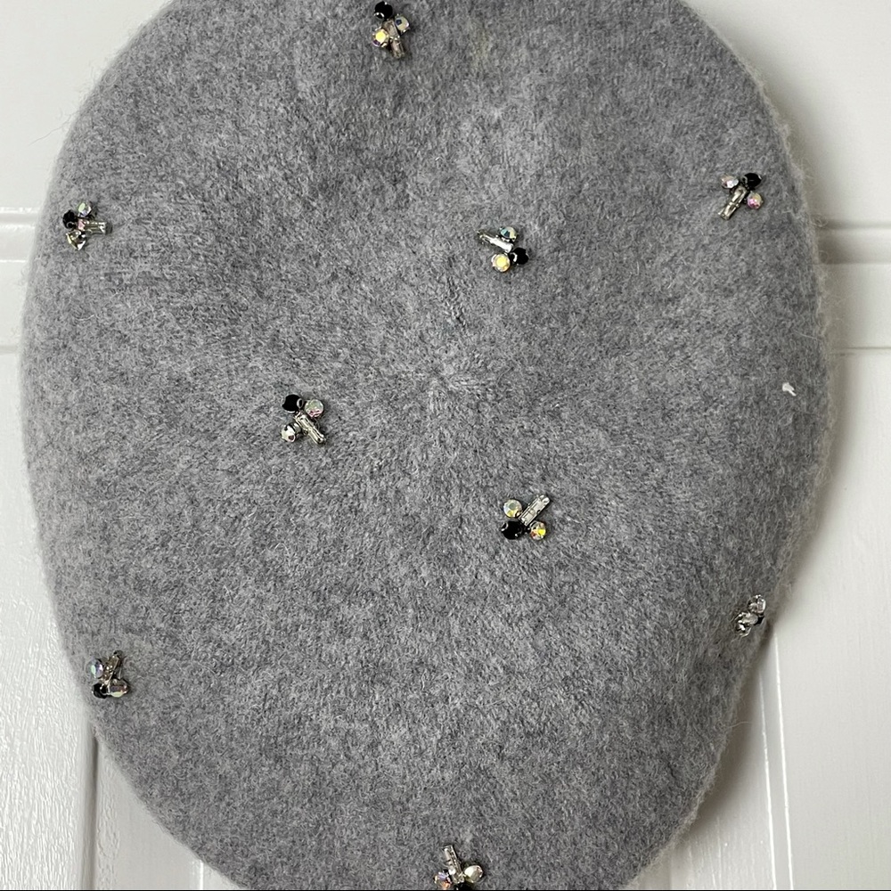Chico's Rhinestone Bee Beret Hat Slate Grey Wool Blend